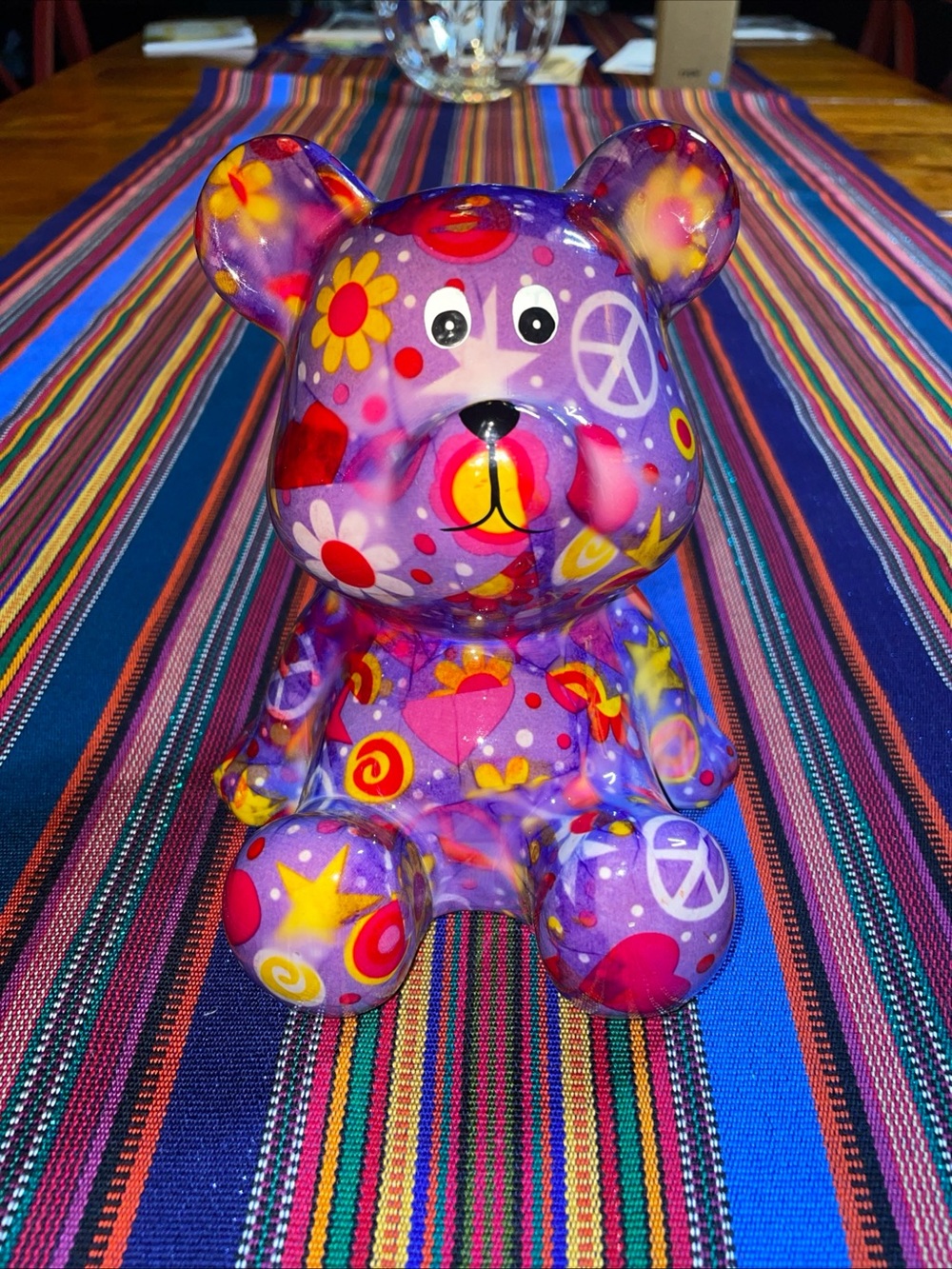 Pomme Pidou Colorful Purple Patterned Bear Toy - Piggy Coin Bank EUC
